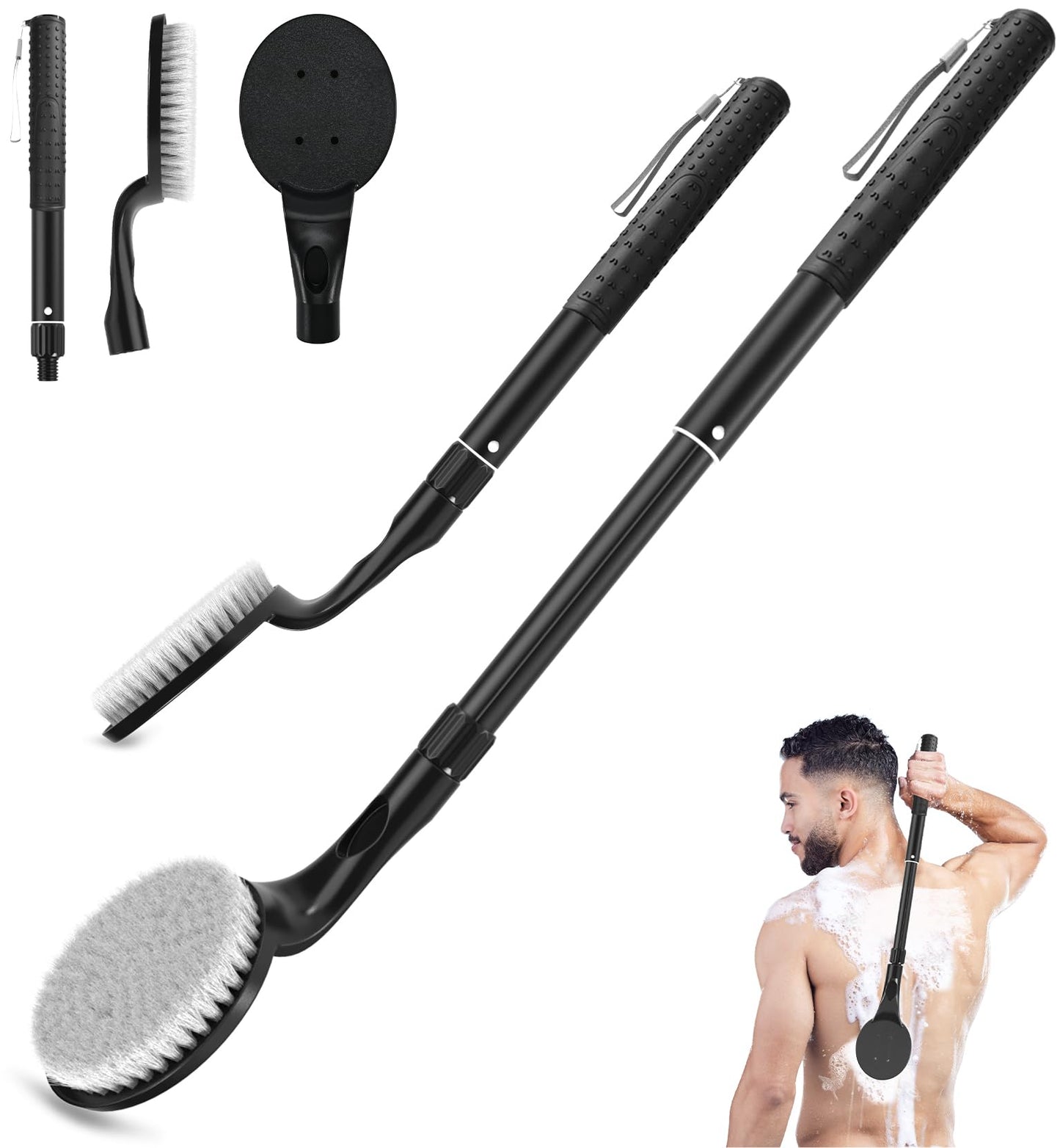 Back Scrubber for Shower, 17.52" - 25.7” Telescopic Back Washer for Shower with Anti-Slip Long Handle, Soft Nylon Bristles, Detachable Back Brush for Shower for Men Women Elderly