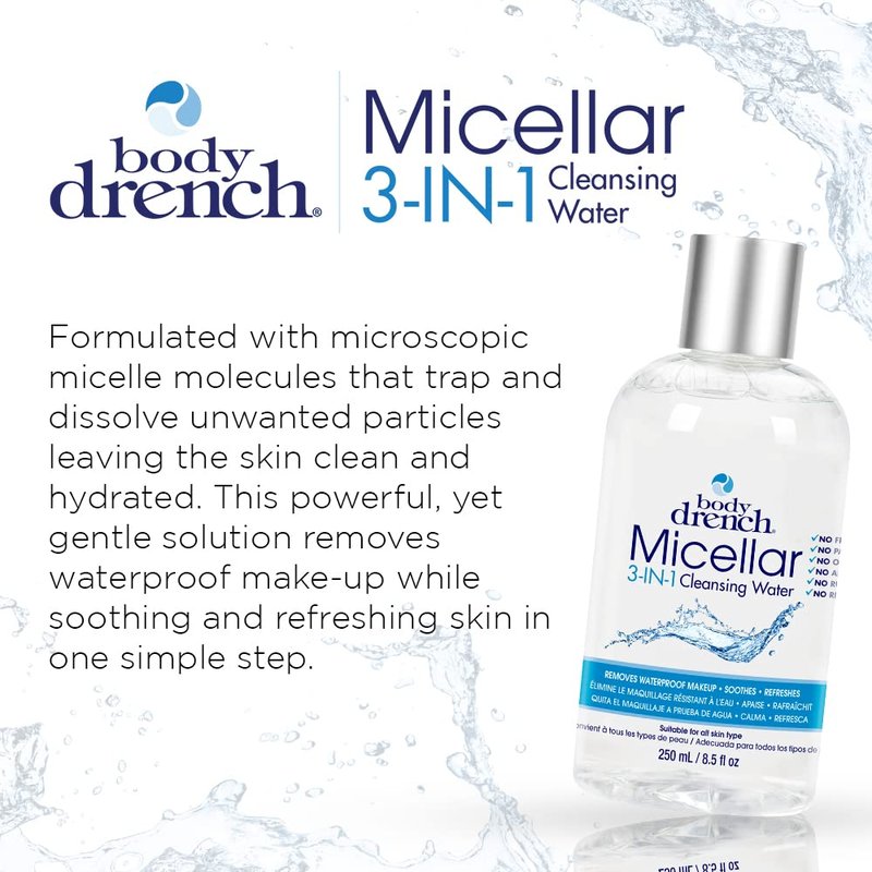 Body Drench 3-in-1 Micellar Water Makeup Remover, Facial Cleanser & Hydrating Water for Sensitive Skin, Eye Makeup Remover, 8.5 fl oz