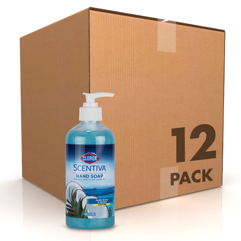 Clorox Scentiva Liquid Hand Soap, Pacific Breeze and Coconut Scent - Bleach-Free Scented Hand Wash with Aloe Vera and Provitamin B5 for Kitchen or Bathroom, 14 Fl Oz - 12 Pack