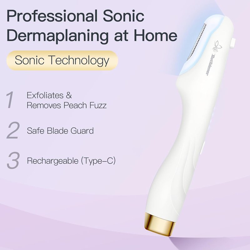 Dermaplane-razor for Women Face,Sonic Dermaplane,Sonic Dermaplaning Tool,Face Shaver Facial Hair Removal & Peach Fuzz Romover + 12 Blades (White With Gold Accent)
