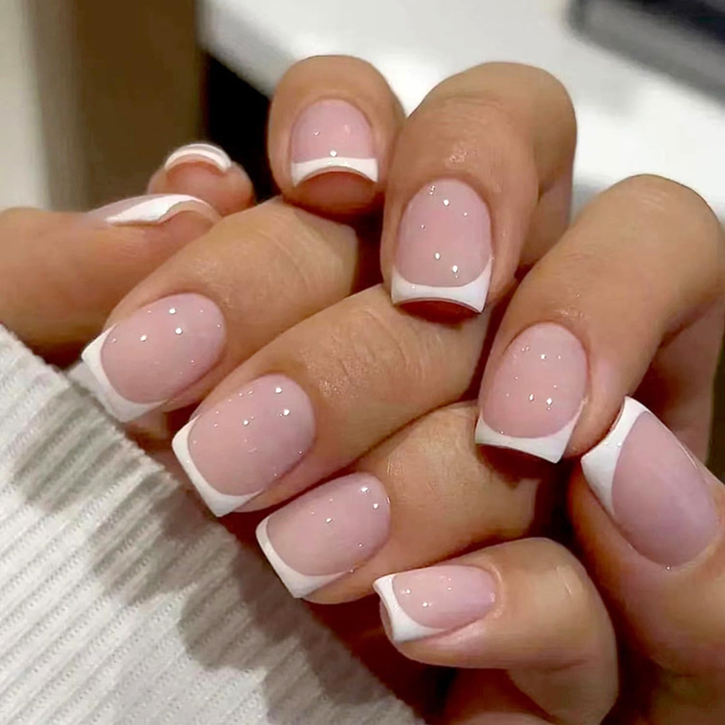 Skiennix White French Tip Press-On Nails - Glossy Pink Short Square Reusable Full Cover | DIY Nail Art