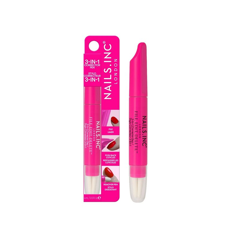 Nails Inc 3-in-1 Nail Corrector Pen - Precision Tip Cuticle Pusher & Polish Remover | Easy Cleanup, 0.13 FL