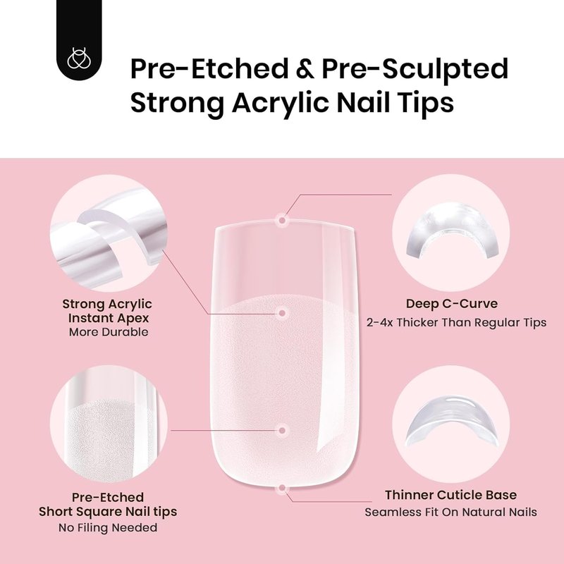 Beetles Instant Apex Nail Tips - Short Square Acrylic Tips, 192 Pcs in 16 Sizes 00–14 for DIY Nail Extensions