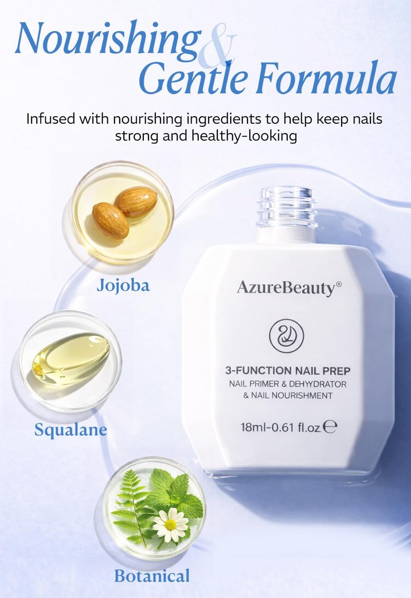 AZUREBEAUTY 18ml Nail Dehydrator and Primer Base Coat, 3-in-One Nourishing Nail Prep Acid-Free & Hema-Free Dehydrate Bond Fast Drying for Gel Polish Acrylic Powder