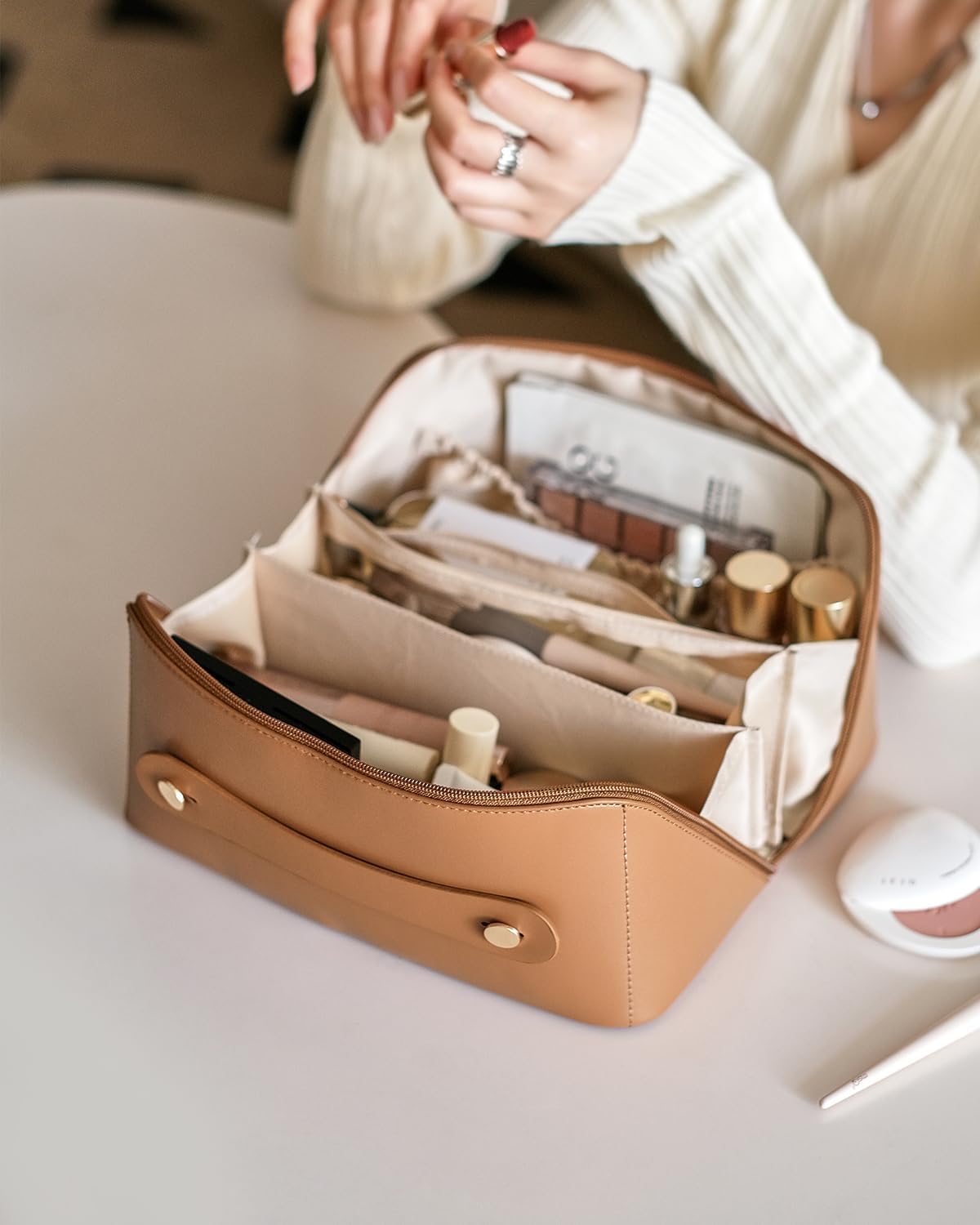 Travel Makeup Bag - Large Capacity Waterproof PU Leather Cosmetic Organizer | Flat Open Design for Skincare & Brushes