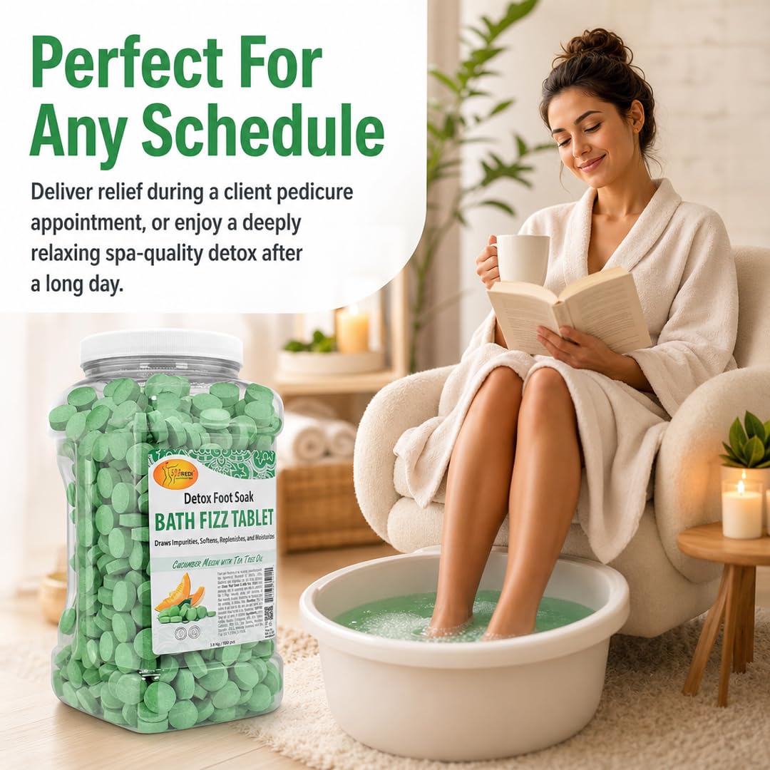 SPA REDI - Detox Foot Soak Fizz Tablets for Pedicure, Cucumber and Melon, 950 Count - Foot Bath with Tea Tree Oil, Aromatherapeutic, Draws Impurities, Softens, Replenishes and Moisturizes