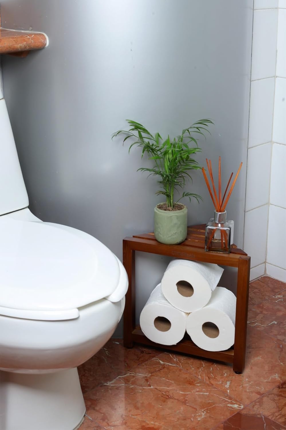 Teak Corner Shower Stool - Waterproof & Stable Shower Bench with Storage Shelf | 12” Height