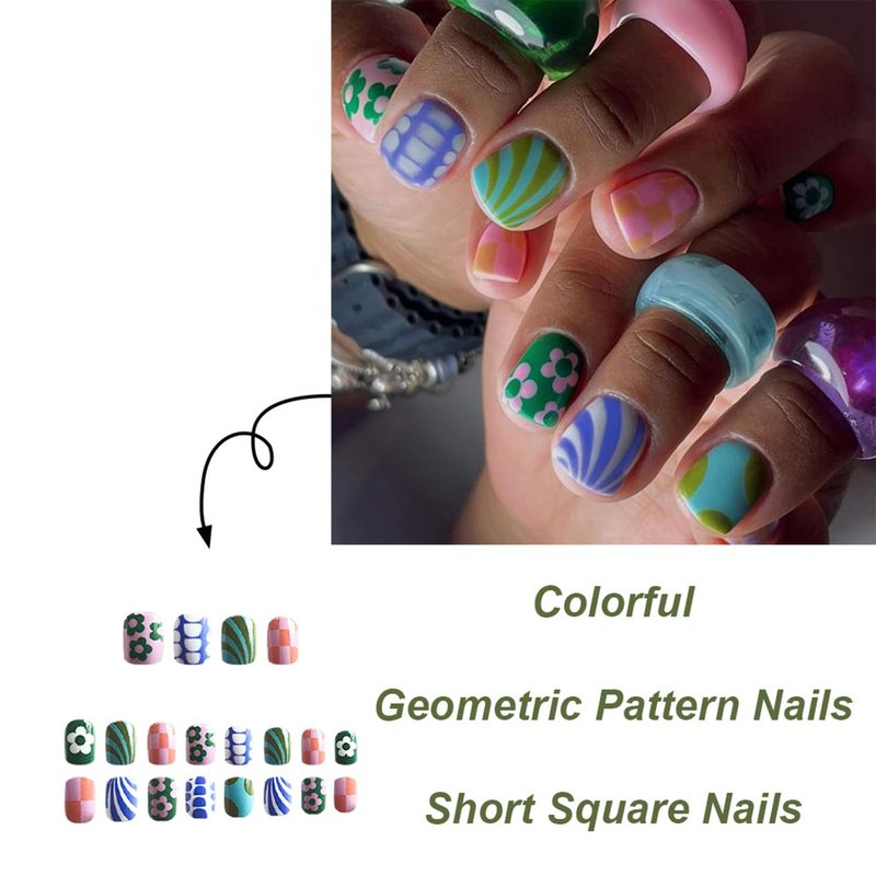 Colorful Press-On Nails - 24Pcs Short Square Acrylic Nails with Flower & Stripe Designs | Full Cover Glossy Artificial Nails for Women