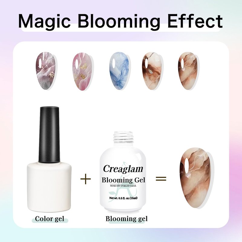 Creaglam Blooming Gel Nail Polish: Marble Natural Stone Clear Blossom Gel Polish for Women at Home Art Design - 15ml Nail Glue Spreading Effect - UV LED DIY Nail Salons Color Flower Watercolor Magic