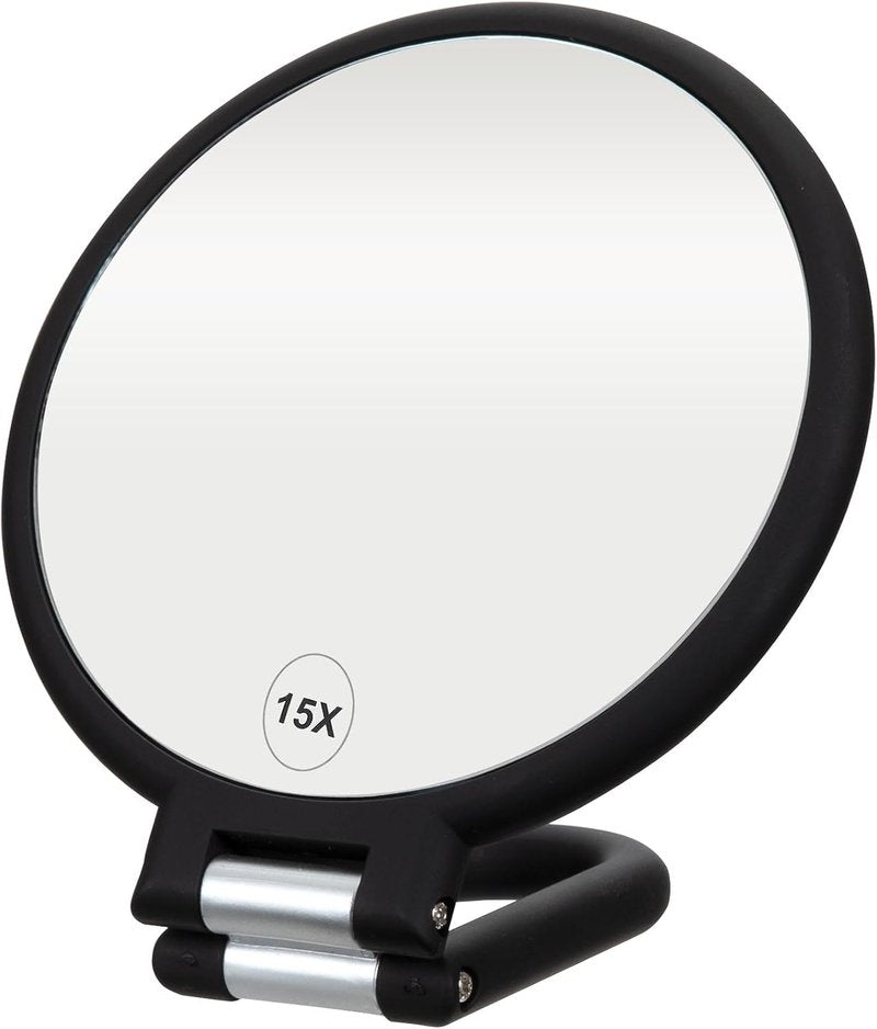 ForPro Professional Collection Premium Handheld Magnifying Mirror - 1X/15X Magnification, Adjustable Folding Handle, Black