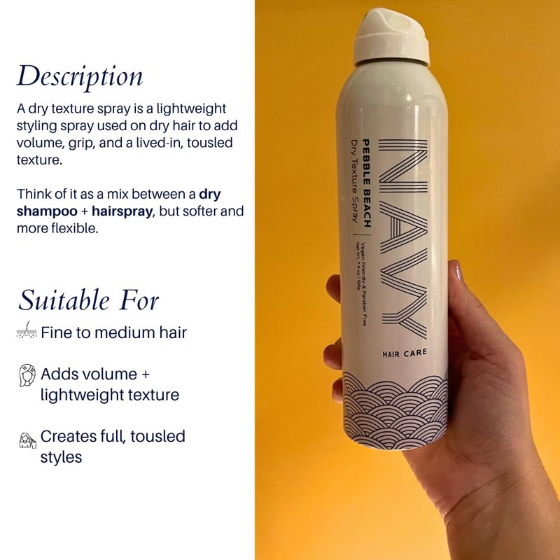NAVY HAIR CARE Dry Texture Spray | Volumizing Hair Spray for Thin, Flat & Fine Hair | Flexible Hold for Soft, Touchable Beach Waves | Adds Shine | Cruelty-Free | 7 oz