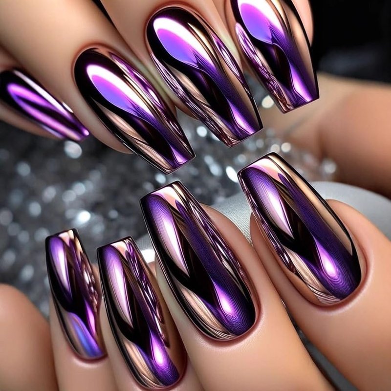 Skiennix Long Coffin Press-On Nails - Deep Purple Acrylic Full Cover | 24PCS, 12 Sizes, Glossy Finish