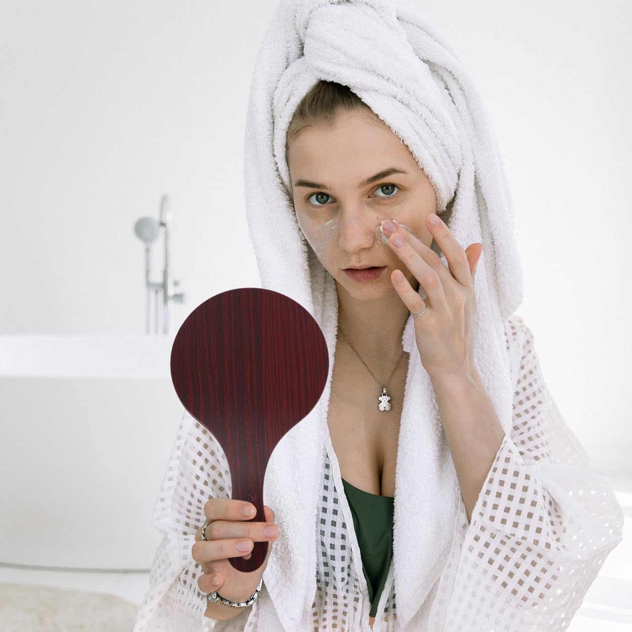 Wooden Handle Handheld Makeup Mirror - Lightweight Round Cosmetic Mirror for Travel & Home Use
