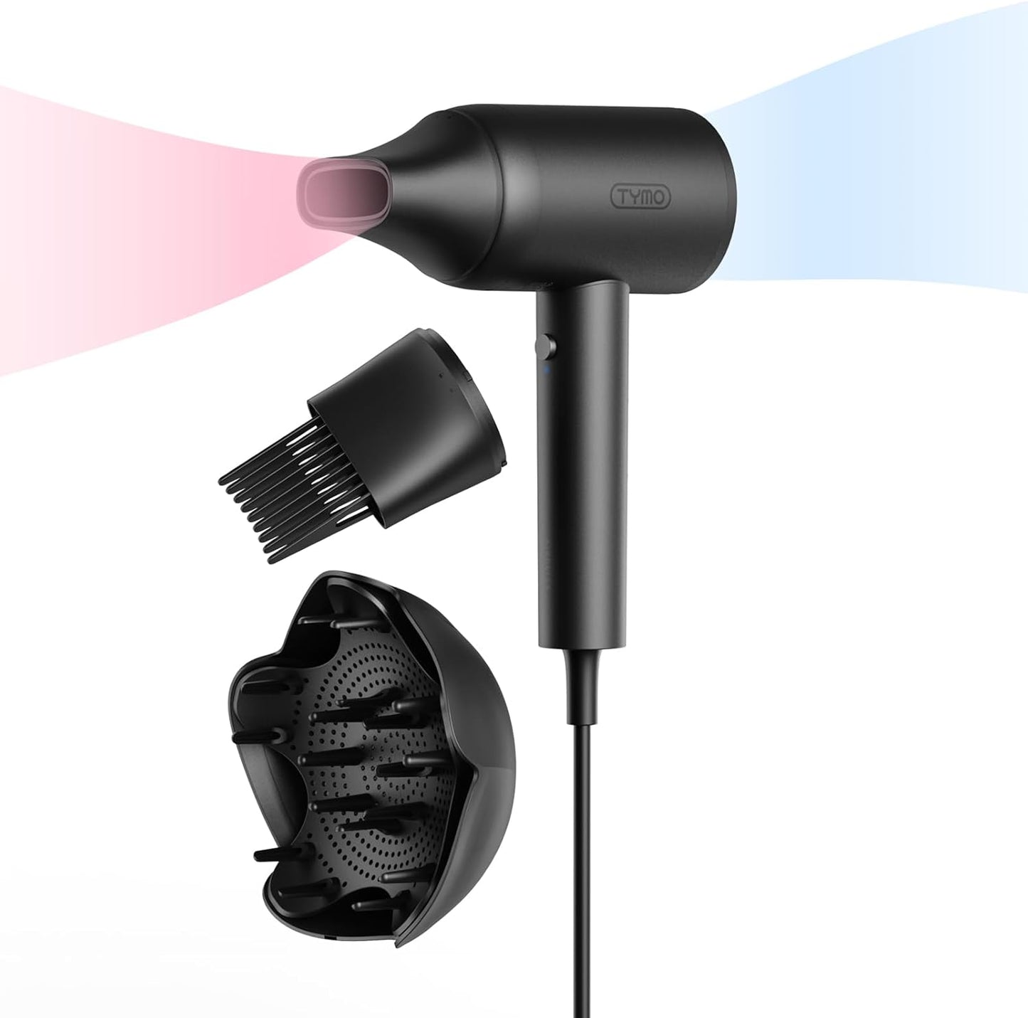 TYMO Diffuser Hair Dryer - Ionic Blow Dryer with Diffuser & Comb for Curly Hair | Lightweight Travel Size, Black