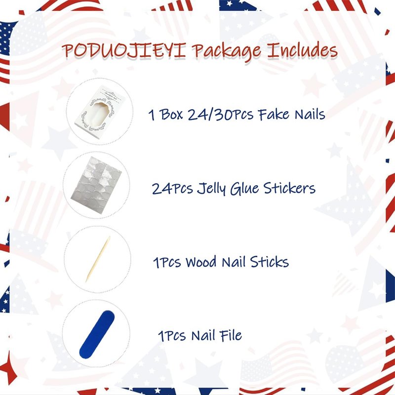 30Pcs 4th of July Press on Nails Almond Shape Patriotic Fake Nails Reusable Acrylic False Nails with Adhesive Tabs Red White Blue Star Cherry Design Independence Day Press on Nails for Women DIY