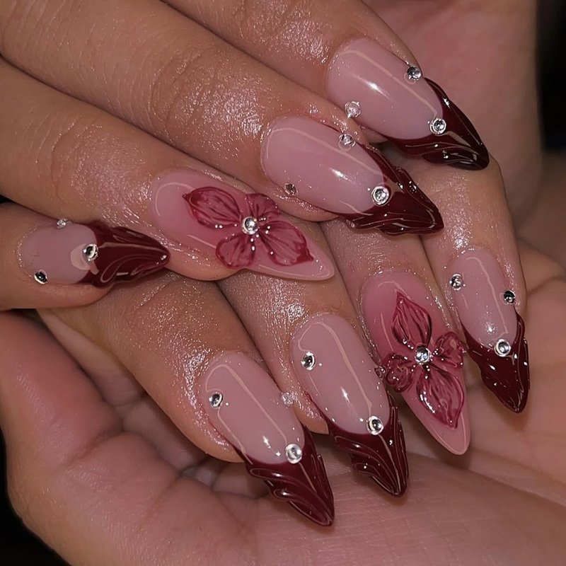 24Pcs Red Flower Press on Nails Medium Almond Fake Nails Summer Floral with Rhinestones Full Cover Acrylic Nails Glue on Nails Reusable Artificial French Tip False Nails for Women DIY Acrylic Nails