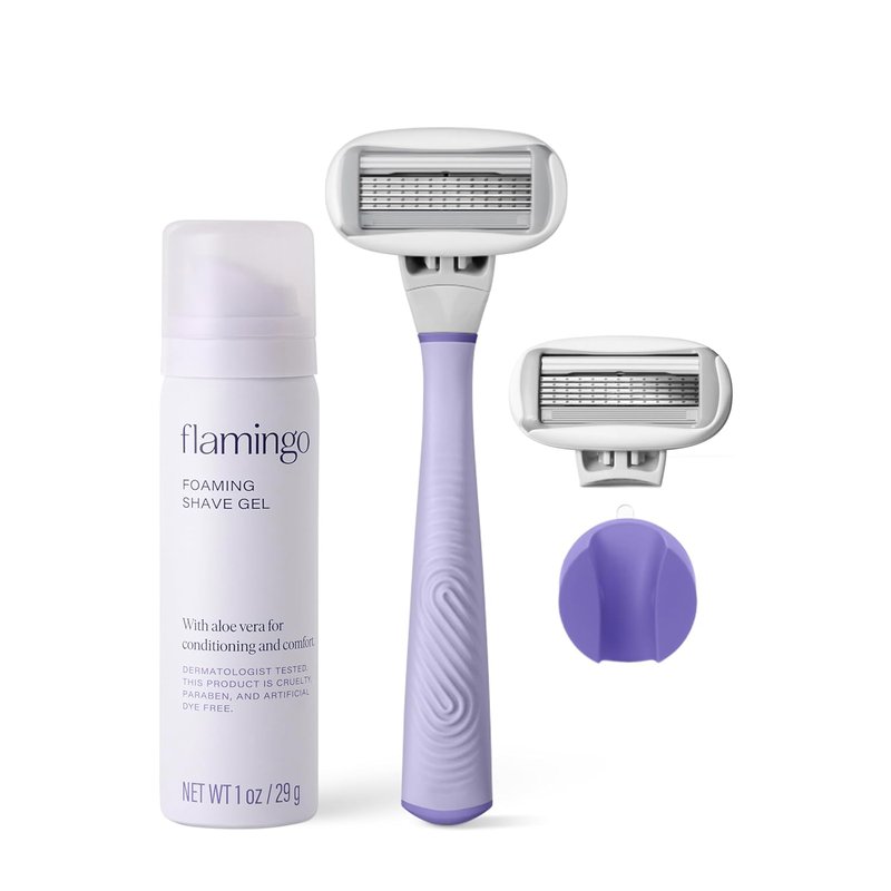 Flamingo Shaving Razor Set for Women - Lilac Razor Handle with 2 Blade Refills & Foaming Gel