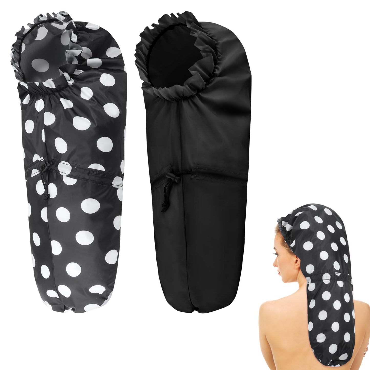 2 Pcs Large Shower Cap for Braids, Extra Long Shower Cap for Women Long Hair & Locs, Waterproof Hair Bonnets for Dreadlocks Drawstring Bath Caps for Women & Men (Polka Dots, Black)