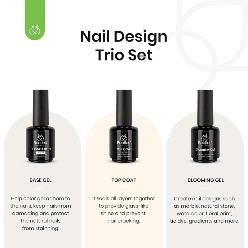 Beetles Blooming Gel & Base Top Coat Set, 3PCS 15ML Shine Finish Long Lasting No Wipe Top Coat Gel Nail Polish Base Spreading Marble Effect Soak off UV LED Nail Art Winter Nail Gifts for Women