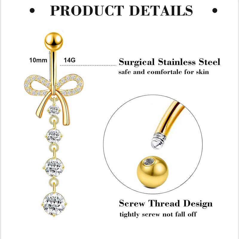 14G Gold Hoop Belly Button Ring For Women Surgical Stainless Steel Dangle Belly Rings Clicker CZ Belly Button Piercing Pack Butterly Heart Cute Flower Bow Dainty Navel Piercing Jewelry(gold)