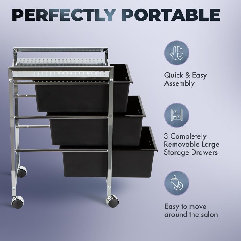 Pibbs D23 Metal Salon Roller Cart - Heavy-Duty Utility Pedicure Cart with 3 XL Removable Drawers | European Design