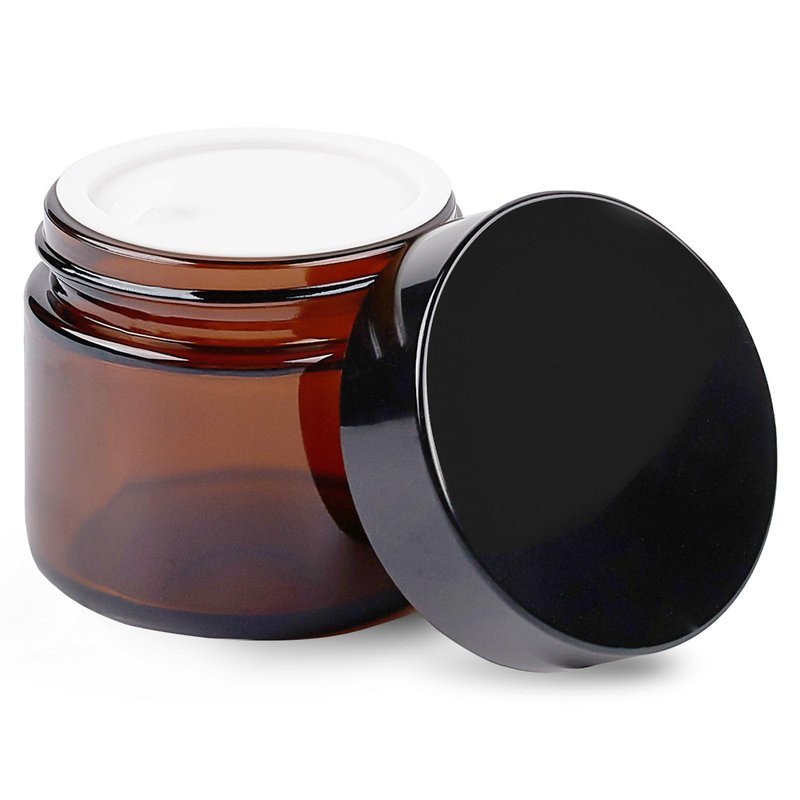 2 Oz Glass Jars with Lids, 12 Pack Thick Amber Glass Jar with Inner Lid and Black Lid, Leakproof Round Airtight Empty Cosmetic Containers for Lotion Cream and Candle Making