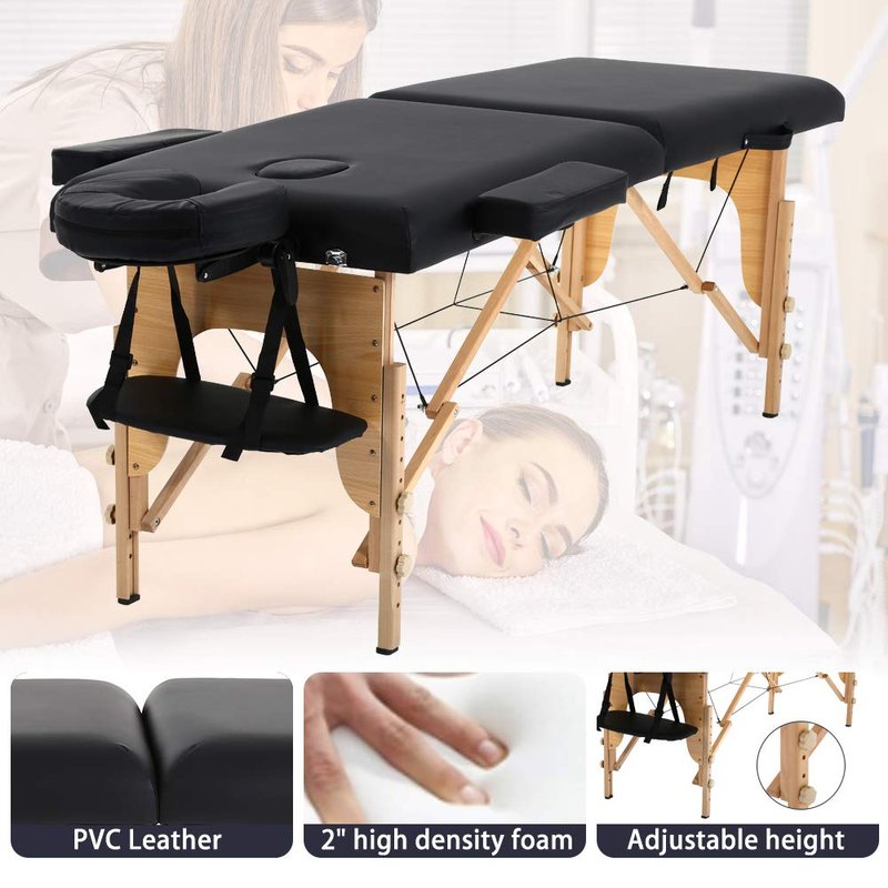 Dkeli Portable Massage Table Spa Bed Folding 84 Inch Height Adjustable 2 Fold Massage Bed with Carry Case PU Leather Professional Facial Salon Tattoo Bed with Face Cradle, Hold Up to 450Lbs, Black