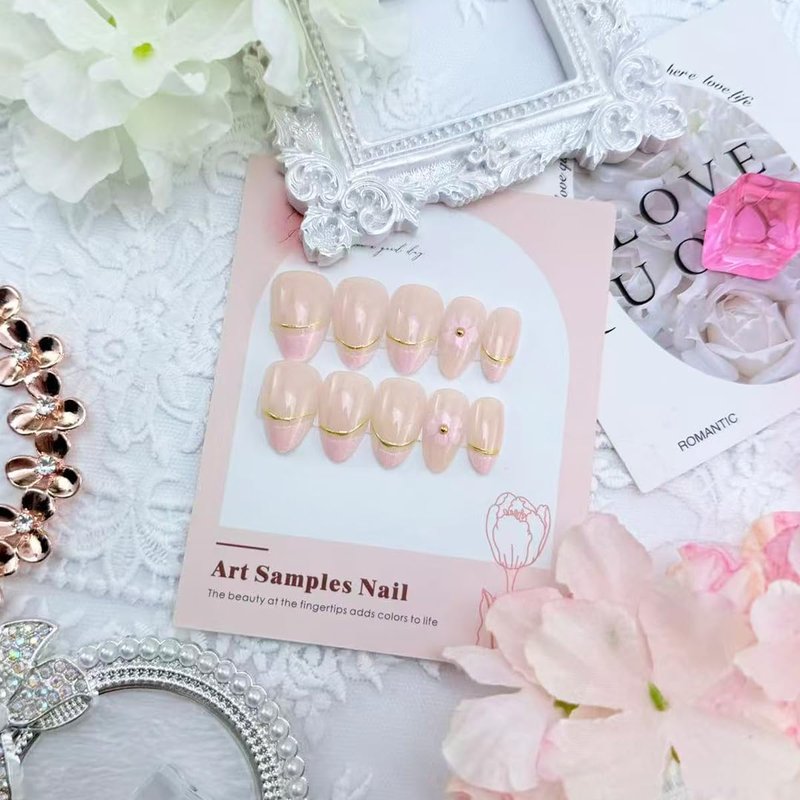 Nude Pink Press on Nails Short Almond Fake Nails with 3D Flower & Gold Line Accents Glossy French Tip False Nails for Daily Wear, Wedding & Date Night, Reusable 24Pcs Nail Kit for Women