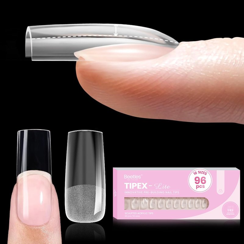 Beetles Tipex Lite Instant Apex Nail Tips, Medium Square Gel Nail Tips, 16 Sizes 00-14, Built-in Apex for Natural Fit, Beginner-Friendly DIY Nail Extensions