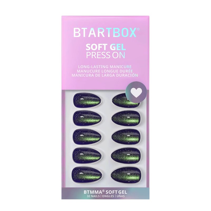 Press On Nails - Witch's Emerald & Sparkle Cat Eye Blue | Halloween Almond Gel Nails Kit - 16 Sizes, 32 Pieces