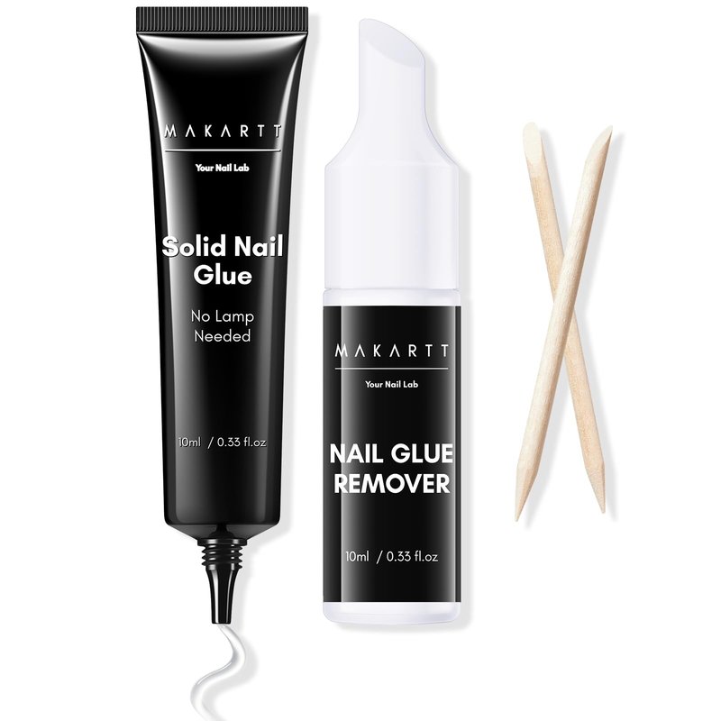 Makartt Semi Solid Nail Glue with Remover for Press on Nails Kit, No UV Lamp Needed, 20s Air Dry Adjustable for Beginners, 10ml Gentle Debonder Easy for Press-On Users At-Home Application & Removal