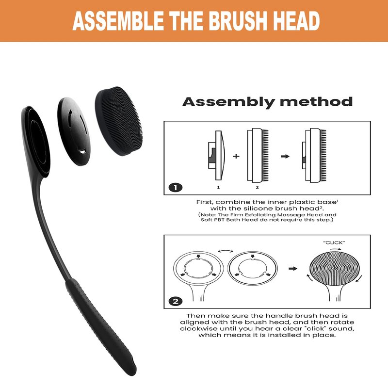 Long Handle Shower Back Scrubber,15.75 Inch Ergonomic Curved Brush with 3 Replaceable Heads with Soft and Firm Bristles,Silicone Handle for Easy Back Cleaning and Exfoliation,Bath Body Brush (Black)