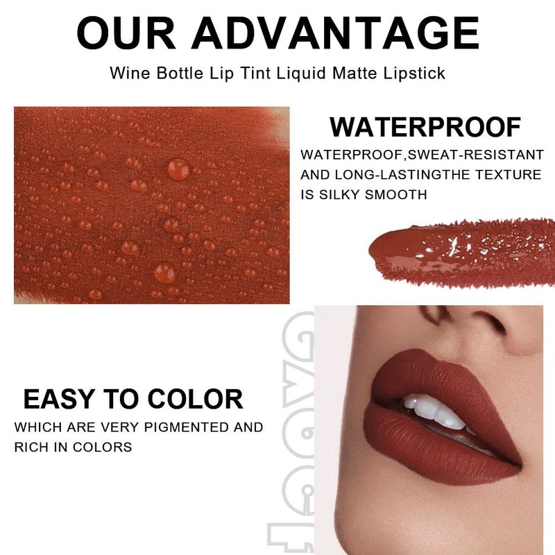evpct Wine Lip Tint Stain 6 colors Set Long Lasting Waterproof, Mauve Light rosey nude Ruby red Dark red Light pink beige Red brown 6 Wine Bottles Shades Colored Lip Tint Stain Liquid Lipstick Set 04
