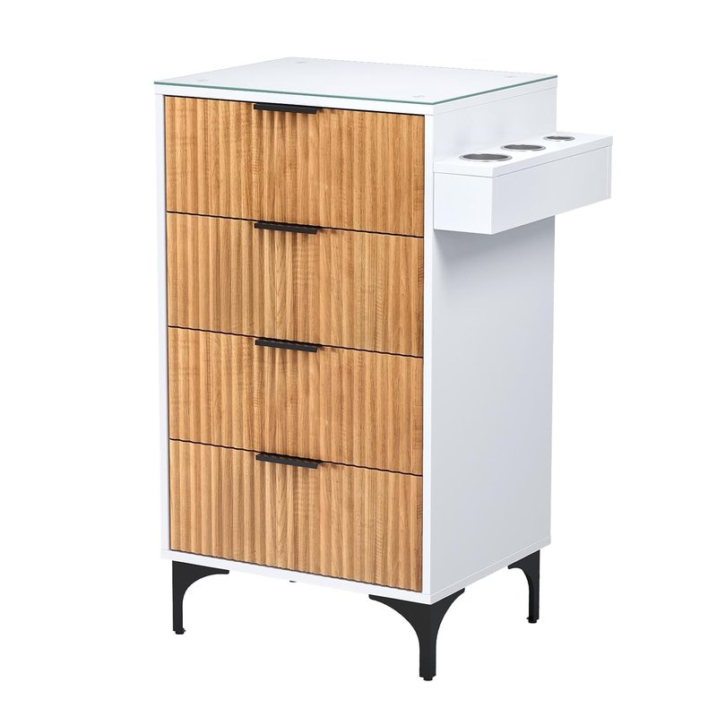 OmySalon Barber Station - Modern Retro Hair Stylist Storage Cabinet with Glass Top & Drawers | White
