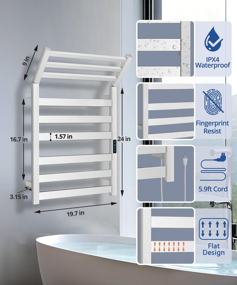 Aquatrend WiFi Heated Towel Rack Wall Mounted, Electric Towel Warmer with Foldable Bracket, Stainless Steel, LED Built-in Timer, Plug-in, Temperature & Timing Control, 6 Bars, Brushed Nickel
