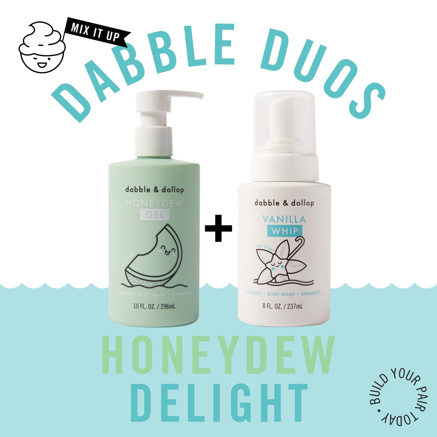 Dabble & Dollop Honeydew + Vanilla Kids 3-in-1 Body Wash, Shampoo & Bubble Bath Bundle – Gel + Foam Whip Set, Tear-Free, Gentle, Natural-Origin, Hypoallergenic and Safe for Sensitive Skin (Pack of 2)