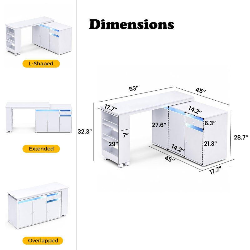 HolaiNail L-Shaped Manicure Table with Storage Cabinet, Drawer & Shelf, Rotating & Convertible Nail Tech Desk, Modern Nail Salon Table with LED Light, White