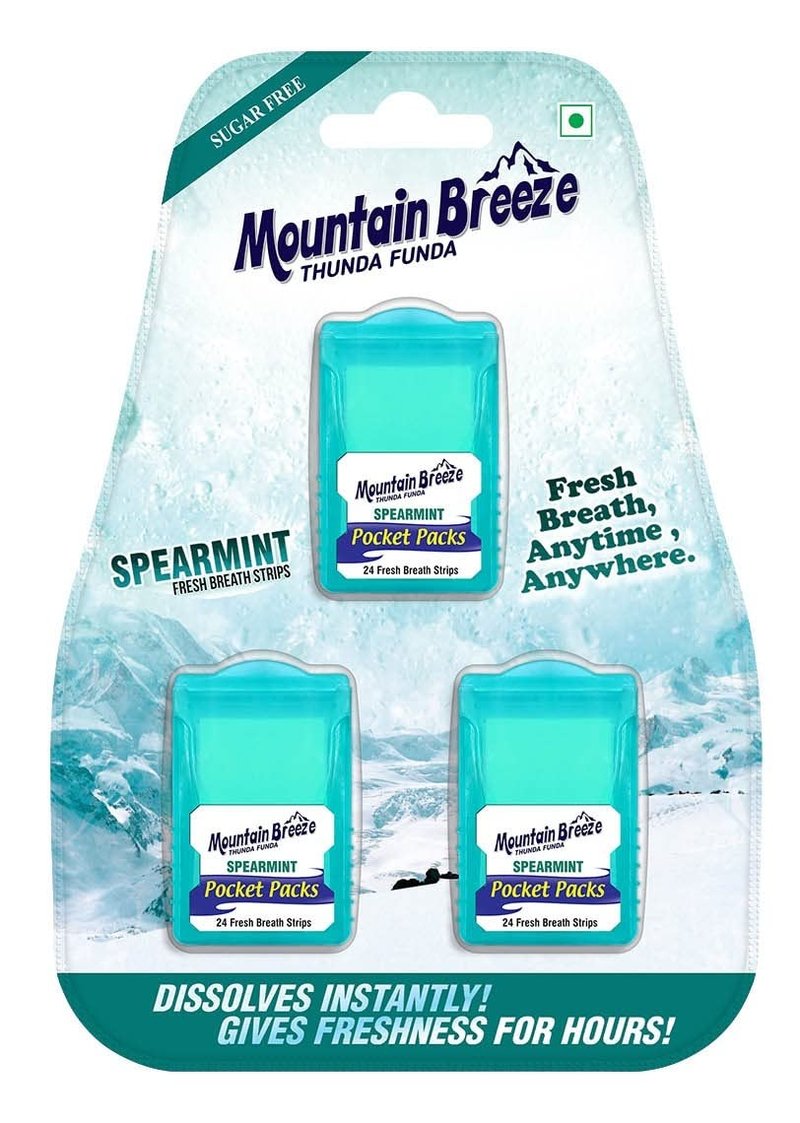Mountain Breeze Oral Hygiene Mouth Freshener Sugar Free Spearmint Flavoured Breath Strips(24 Strips Each Cassatte)-Pack Of 1(3 Cassette), 50 Grams
