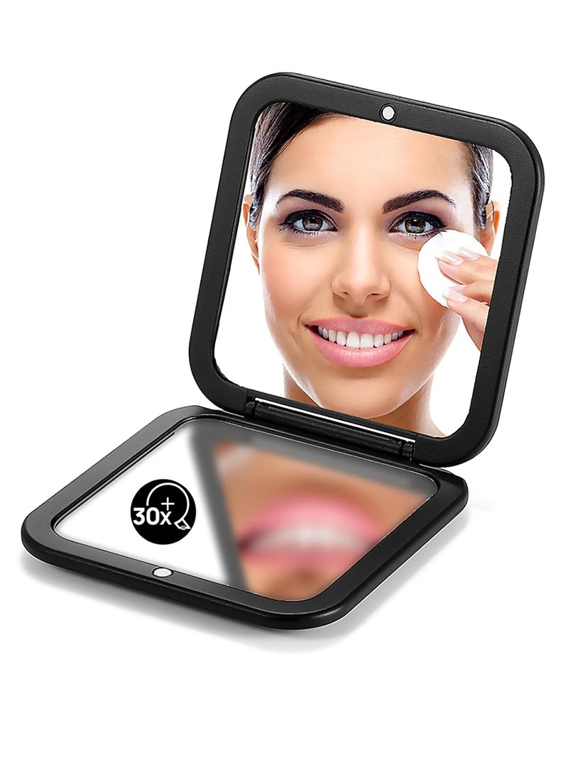 Folding Compact Mirror - 1X/30X Magnification | 3½” Pocket Size Square Hand Mirror for Travel Makeup (Black)