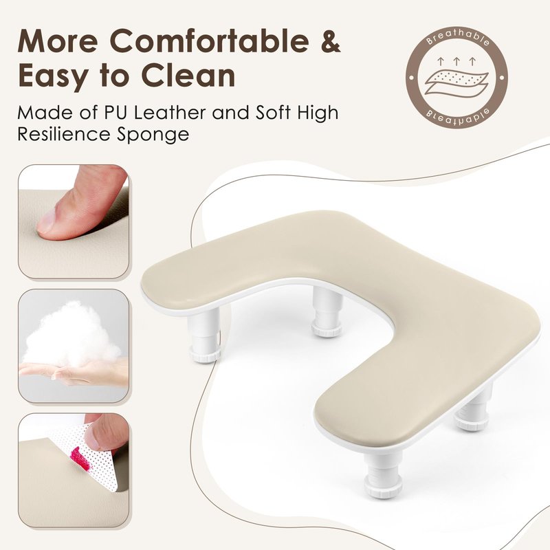 Manicure Arm Rest for Nails Tech: U-shaped Adjustable Nail Armrest - Beige PU Leather Hand Stand Rest for Manicurists