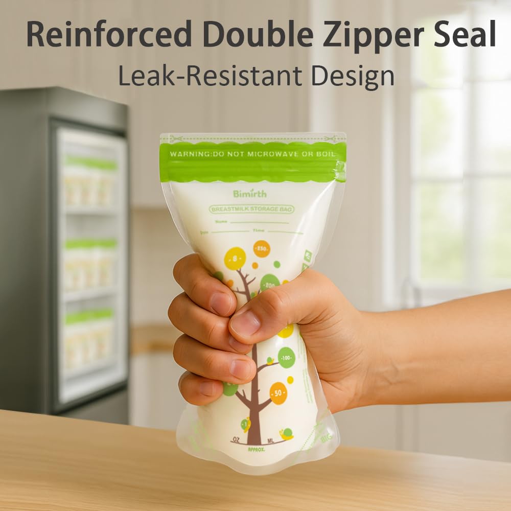 112 Count Breast Milk Storage Bags for Freezer, 8oz BPA-Free Breastmilk Bags, Double Zipper Leak-Resistant & Self-Standing, Thick Durable Milk Storage Bags – Bimirth