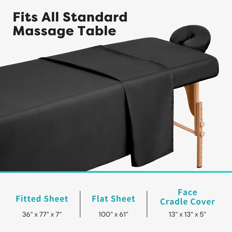 Comfyanno Massage Table Sheets Set - 3 Pcs Microfiber Spa Bed Covers, Soft & Stain Resistant | Black