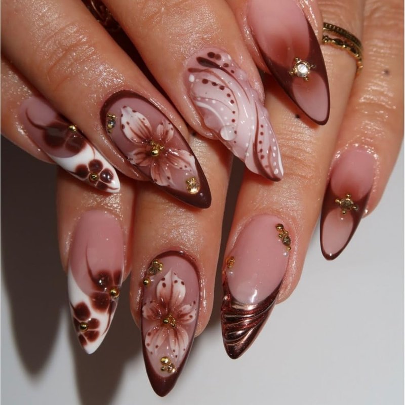 Skiennix French Tips Press-On Nails - Medium Almond Shape with 5D Flower Charm Design | Glossy Brown, 24 Pcs