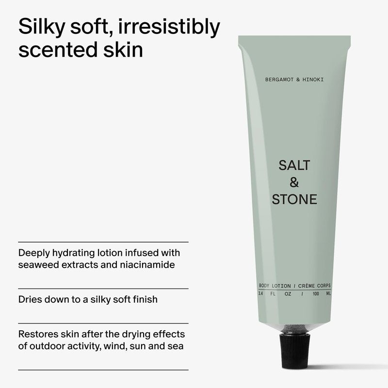 Salt & Stone Body Lotion for Women & Men | Bergamot & Hinoki | Hydrates, Nourishes & Softens Skin | Restores Dry Skin | Fast-Absorbing | Cruelty-Free & Vegan | 3.4 fl oz