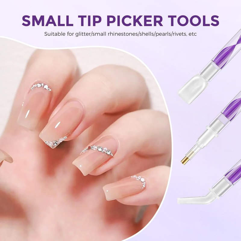 Eudaicful Rhinestone Picker Tool Kit: 2Pcs Rhinestone Applicator Handle, Dual-Ended Bedazzling Tools Pen with 12 Upgraded Plastic Replacement Tips, Clay for DIY Nail Art Craft (Purple)