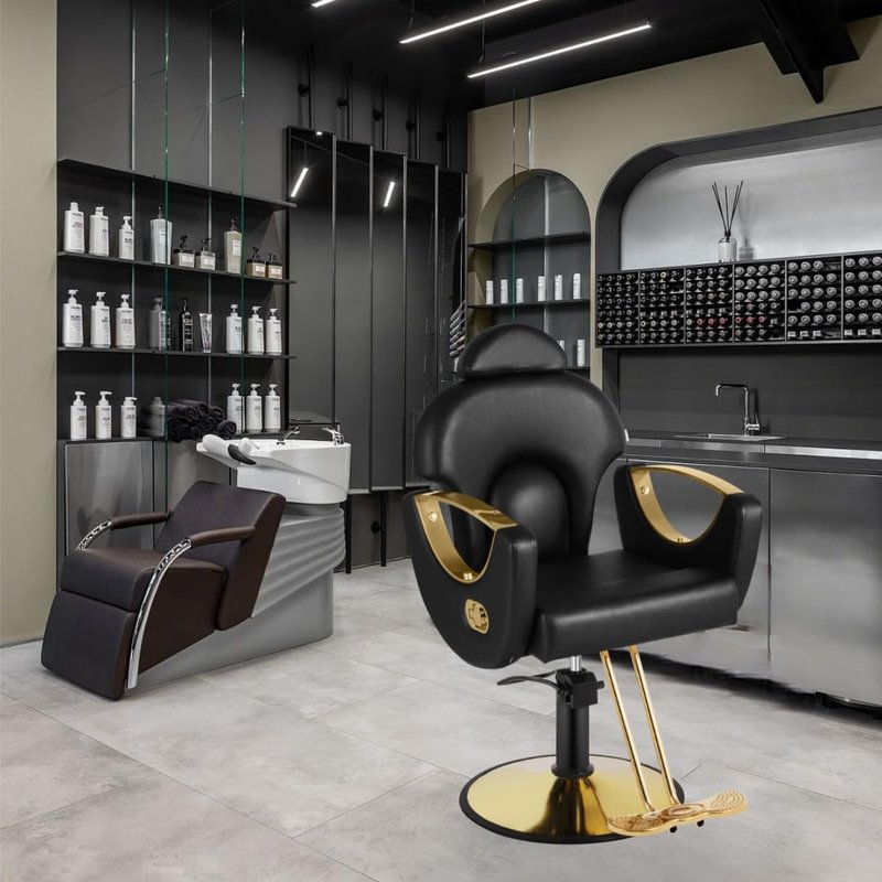 Reclining Salon Barber Chair - Heavy Duty Hydraulic Pump, 360° Swivel | Black Gold