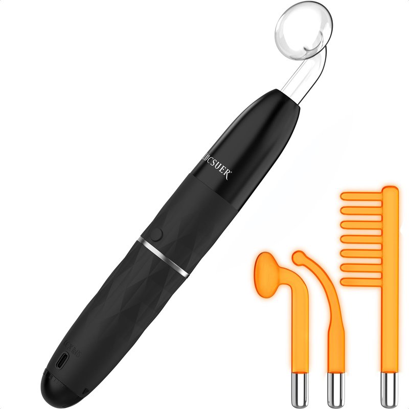 Lucsuer OxyGlow2 Cordless High Frequency Facial Machine - ProFacial Wand Clinical Skin Therapy Wand - Neon+Argon Gas (Onyx Black)