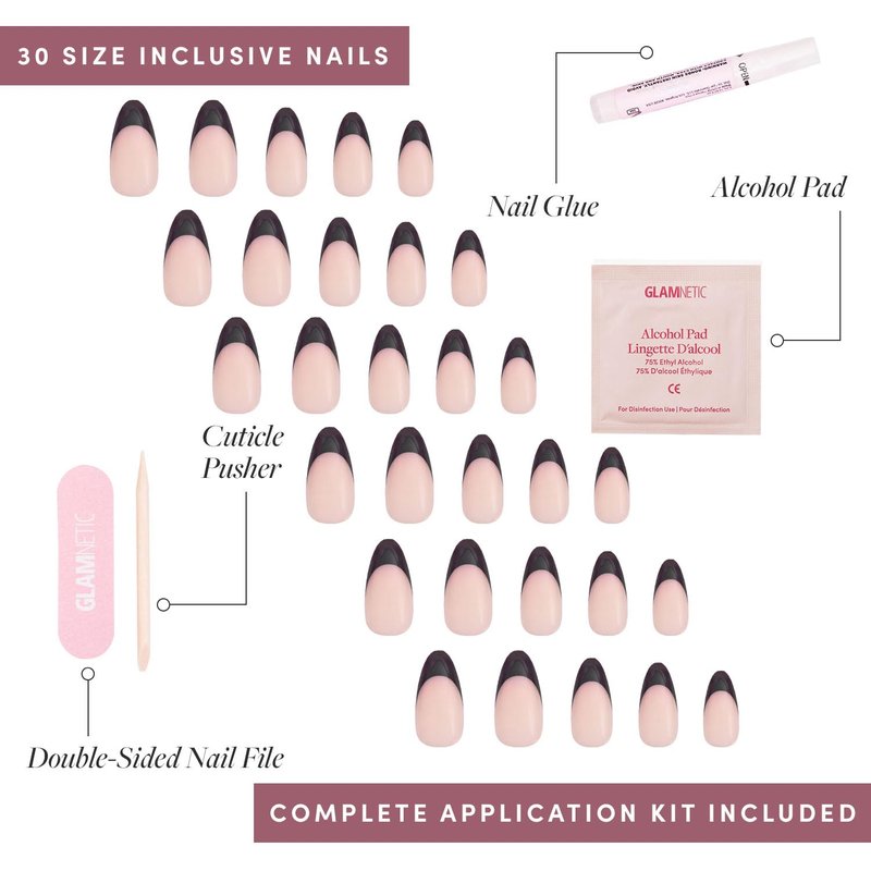 Glamnetic Press On Nails - Caviar | Salon Quality Semi-Transparent Short Almond | 30 Nail Kit with Glue, 15 Sizes