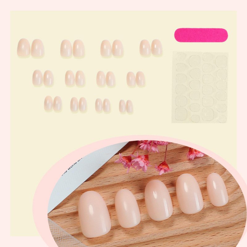 Press on Nails Short Oval Fake Nails Beige Pink False Nails with Pure Elegant Designs Glossy Full Cover Glue on Nails Stick on Nails Acrylic Nails for Women Girls 24 Pcs