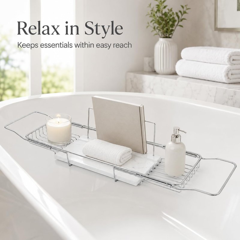 Expandable Bathtub Tray, Stainless Steel Bath Table Tray with Marble Board, Modern Luxury Bathtub Shelf for Bathrooms, Kitchen Sink (Silver+White)